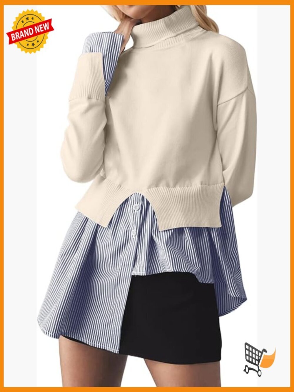 Patchwork Turtleneck Sweater Button Down Shirt Combo Asymmetrical Hem